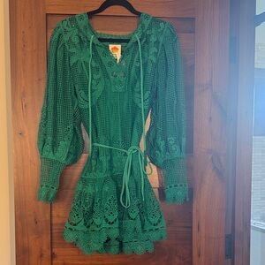 Farm Rio Tropical Flight Green guipure minidress